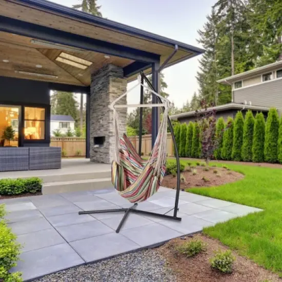 Boho Breeze Swinging Bungalow Hammock Chair - Coral Stripe - Blue Wave image {10}