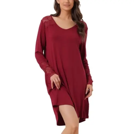 cheibear Women's Lace Trim Long Sleeves Pull-on Nightshirt Dress image {6}