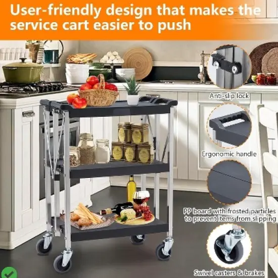 Foldable 3 Tier Stainless Steel Trolley Cart - Foldable Utility Serving Storage Rolling Car Shelf w/ Wheels image {4}
