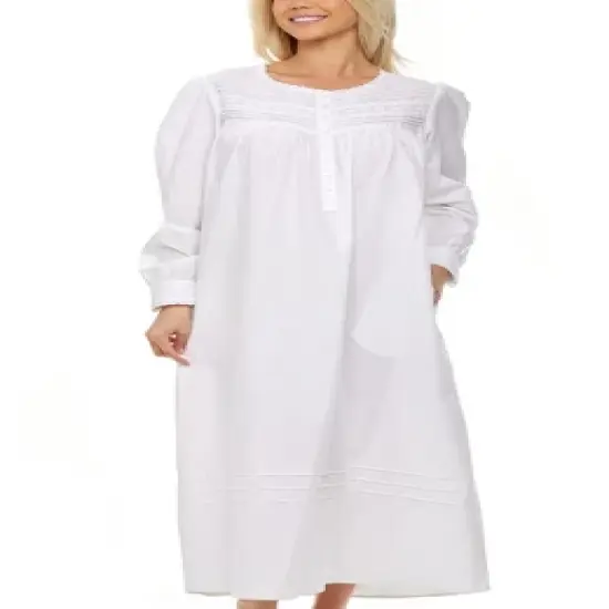 Women's Cotton Victorian Nightgown with Pockets, Emily Long Sleeve Lace Trimmed Button Up Long Vintage Night Dress Gown image {6}