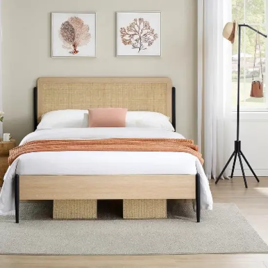 Full/Queen Size Boho Bed Frame with Rattan Headboard & Wood Footboard, Under Bed Storage, No Box Spring Needed, Noise-Free Design image {7}