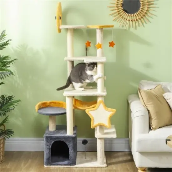 DOMETOUR 63 Inch Cute Cat Tree Cat Tower for Kitty, Cat Climbing Frame with Scratching Post, Cat Condo, Plush Perch, Hammock image {8}