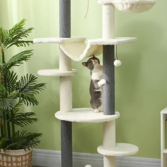 PawHut Cat Tree Tower, Floor to Ceiling Cat Tree, Adjustable Height (89"- 100"), 7 Tier Cat Tower with Scratching Posts, Hammock, Perches & Toy Balls image {5}