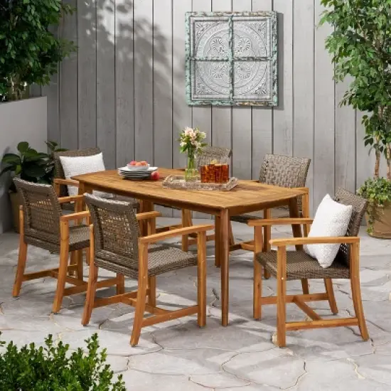 Christopher Knight Home Botsford Outdoor Acacia Wood and Wicker 7 Piece Dining Set, Teak/Mixed Mocha image {11}