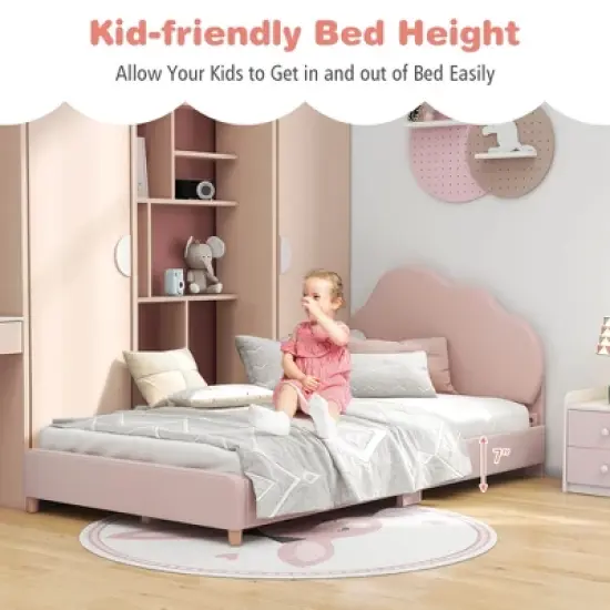 HoneyjoyKids Twin Platform Bed Frame Upholstered Twin Size Bed with Wooden Slats Support image {4}