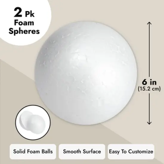 Juvale 2 Pack Foam Balls for Crafts, 6" Round White Polystyrene Spheres for DIY Projects, Ornaments, School Modeling, Drawing image {6}