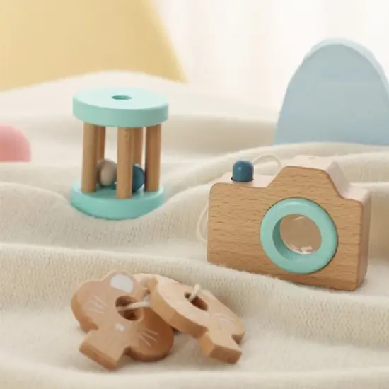 Freniland&trade; - 3 PCs Wooden Baby Rattle Toy Set for 10 Months+, Beech Wood Teether & Pretend Camera Toy, Safe & Educational Gift Set (Mint Green) image {1}