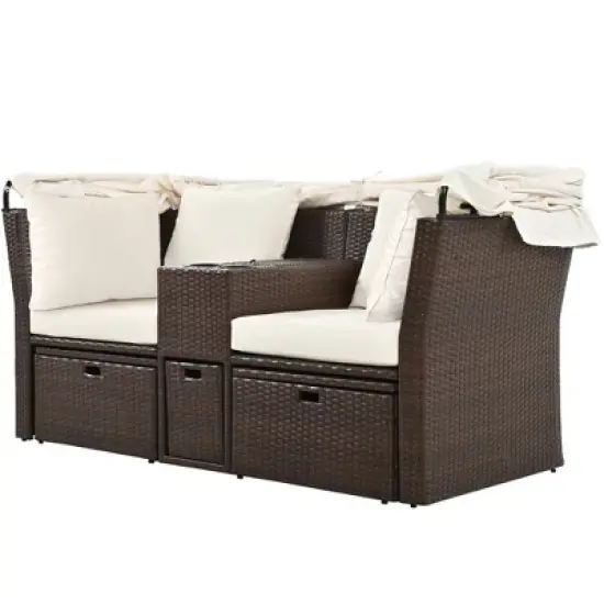 Convertible Outdoor Patio Daybed Loveseat Sofa Set with Retractable Canopy and Central Console image {10}