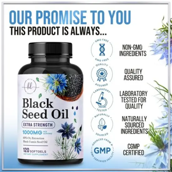 Premium Blackseed Oil 1000mg - Pure Nigella Sativa Black Seed with Thymoquinone & Vegan for Skin & Immune Support - 120 Softgels By Hello Lovely! image {3}