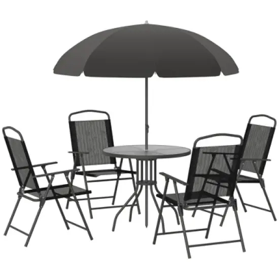 Outsunny 6 Piece Patio Dining Set for 4 with Umbrella, 4 Folding Dining Chairs & Round Glass Table for Garden, Backyard and Poolside image {7}