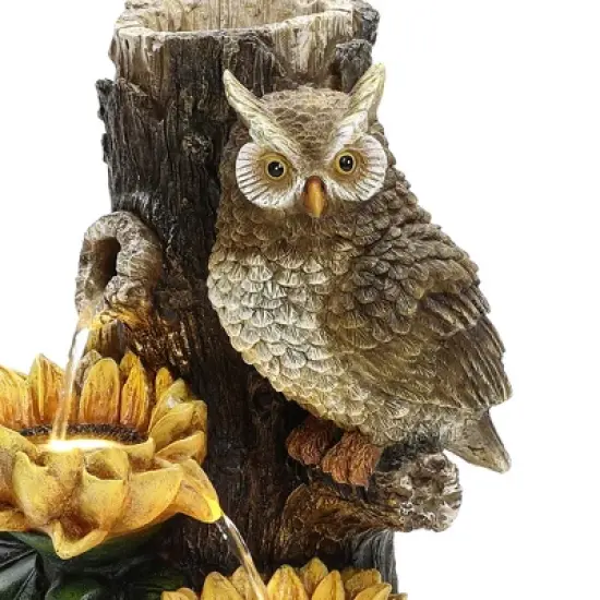 LuxenHome 28 Inch Outdoor Water Fountain, Owl and Sunflower Cascading Waterfall Fountain Outdoor and Indoor with LED Lights Brown image {5}