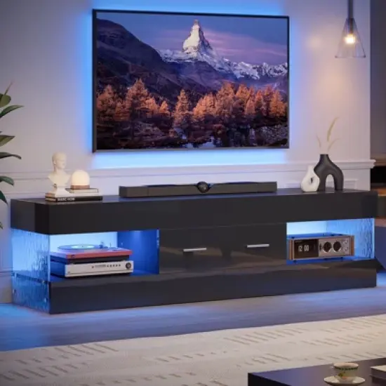 Bestier Black High Gloss TV Stand for TV up to 65" LED Television Entertainment Center Modern TV Cabinet with Storage Drawers image {9}