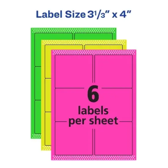 Avery Removable Multipurpose Labels, Sure Feed Technology, 3-1/3" x 4", Assorted Neon, 72 Labels (6482) image {3}