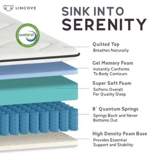 Lincove 12 Inch Spring Hybrid and Memory Foam Mattress - Medium Firm Mattress CertiPUR-US Certified - Adaptive Support, Pressure Relief - Made in USA image {6}