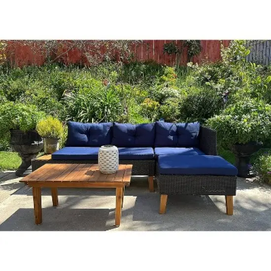 3pc Outdoor Acacia Wood Conversation Set with Sectional Sofa & Cushions - Captiva Designs image {3}