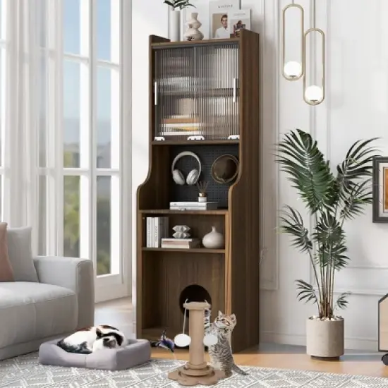 YOOCOZZ Multi-use Cabinet With Cat Scratcher Bed,Side Cabinet with Extendable table,Mid-Century Modern Style-Walnut image {10}