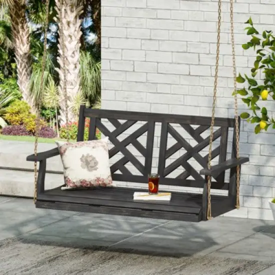 DSVIMOY Patio Swings, Front Porch Swing with Armrests, Outdoor Wood Bench Swing for Garden Yard, Dark Gray, 49.25"*25.25"*22" image {5}