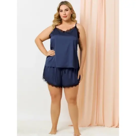 Agnes Orinda Women's Plus Size Lace Panel Elastic Waist Camisole Pajama Set image {3}