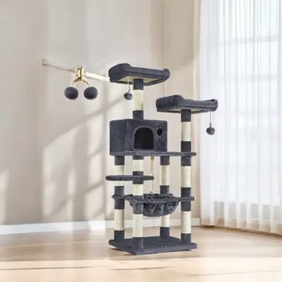 FEANDREA 56.3in Cat Tower for Large Cats Indoor Cat Tree Cat Condo with Scratching Posts, Hammock, Plush Perch, Cat Furniture - Smoky Gray image {1}