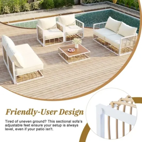 FIONECA Modern Minimalist 7-Piece Metal Patio Sectional Sofa Set with Thick Cushions & Coffee Table &uml;C White, Indoor & Outdoor image {4}