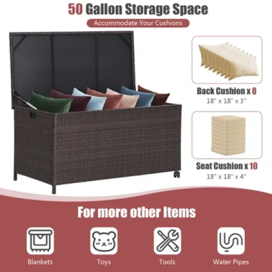 Tangkula Outdoor 50 Gallon Wicker Storage Box PE Rattan Storage Container with Lid Deck&Waterproof Liner Mix Brown image {7}