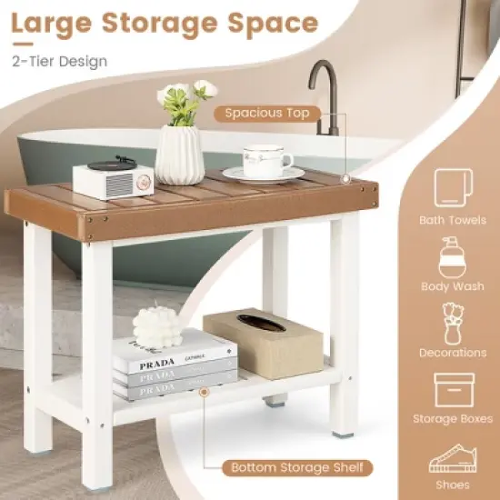 Costway 24" x 12" Heavy Duty Waterproof HDPE Shower Bench Stool with Storage Shelf White/Off White & Brown image {4}