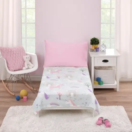 Everything Kids Unicorn Aqua, Pink and White Castles and Rainbows Super Soft Toddler Blanket image {3}