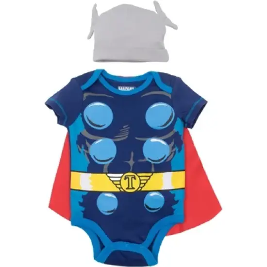 Marvel Avengers Captain America Spider-Man Thor Hulk Cosplay Short Sleeve Baby Bodysuit and Hat Newborn to Infant image {6}