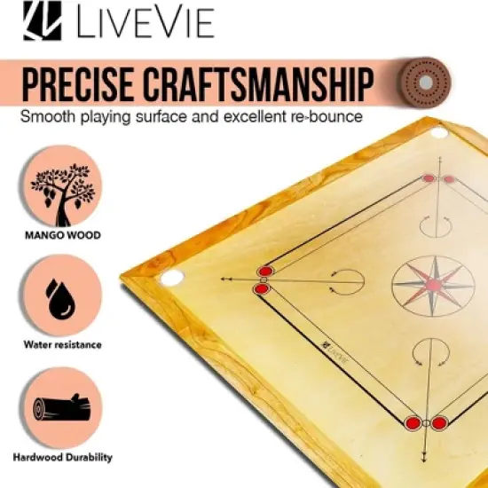 Amber Sports Carrom Board 32x32" &ndash; Mango wood frame, sealed pockets, smooth surface, striker, coins & Bori powder. Water-resistant matte finish. image {5}