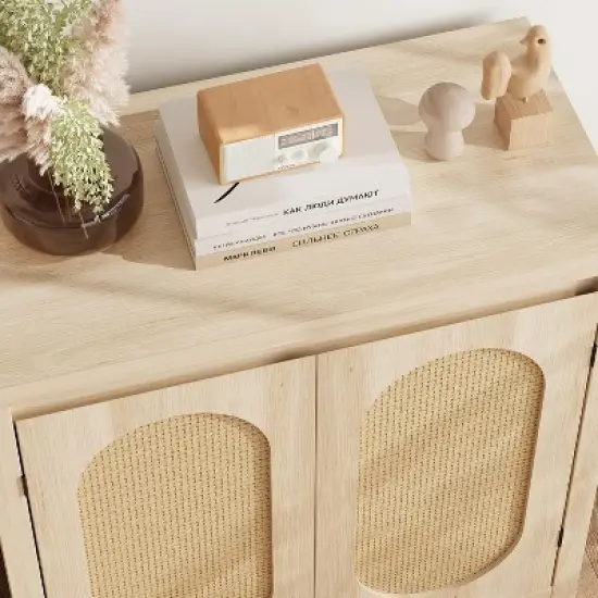 Rattan Cabinet Sideboard Buffet Kitchen Storage Cabinet Cupboard Console Table Wood Coffee Bar Cabinet With Doors and Shelves Liquor Accent Cabinet image {9}