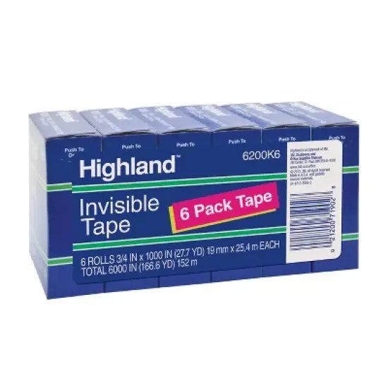 Highland Invisible Permanent Mending Tape, 3/4" x 1000", 1" Core, Clear, 6/Pack image {2}