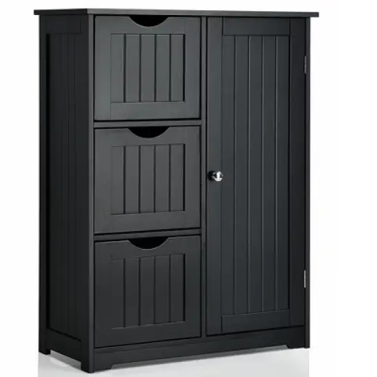 Costway Bathroom Floor Cabinet Side Storage Cabinet with 3 Drawers and 1 Cupboard Grey\ Black image {11}