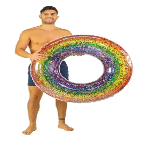 PoolCandy Inflatable Classic Large Rainbow Pool Tube Glitter Ultra Durable Sun Tan Fun Great For Pools, Lakes, And More image {2}
