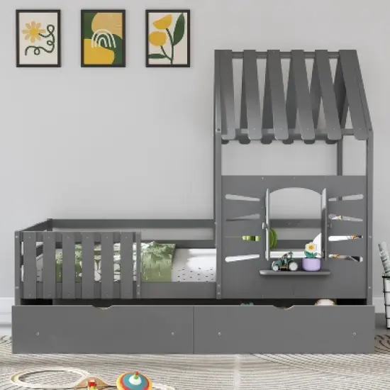 Twin Size Wooden House Platform Bed for Kids, Playhouse Design Bed Frame with Roof & Window, 2 Storage Drawers, White/Gray - ModernLuxe image {2}