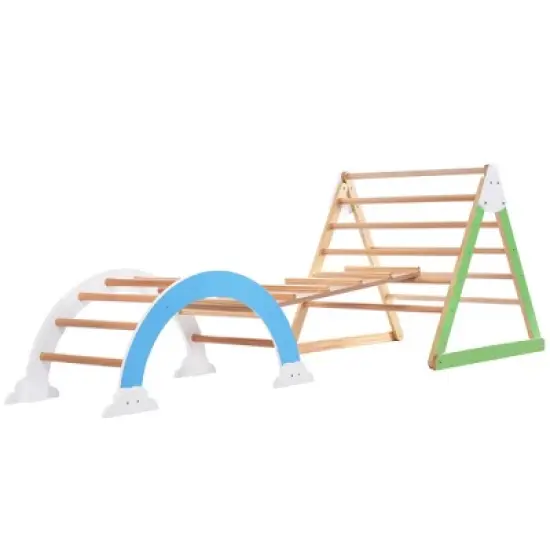 Wooden Climbing Triangle Toys - Indoor Arc Climber Jungle with Ramp and Arch Toy Rocker, Reversible Multifunction Playset Natural Wood Playground image {1}