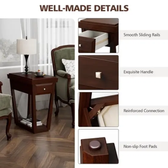 Tangkula 2 Tier End Side Table Nightstand with Drawer Shelf Rubber Wood Classic Espresso image {4}