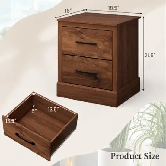 Tangkula Set of 2 Drawer Nightstand Bedside Table Compact Sofa End Table Rustic Walnut image {3}
