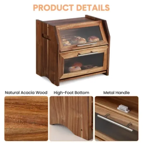 2 Layer Bread Box, Large Bread Bin with Clear Door Panels, Air Vents, Farmhouse Acacia Wood Bread Storage Container, Kitchen Countertop Bread Holder image {2}