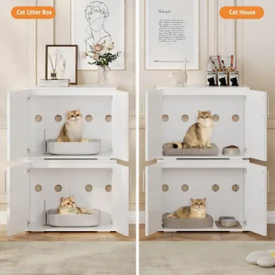 Cat Litter Box Enclosure, Farmhouse Rustic Wooden Cat Washroom Furniture with Barn Doors, Hidden Litter Box Cabinet End Table for Indoor Home, White image {5}