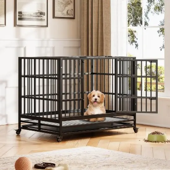 Heavy Duty Indestructible Dog Crate Steel Escape Proof, Indoor Dog House High Anxiety Cage, Kennel with Wheels, Removable Tray image {9}