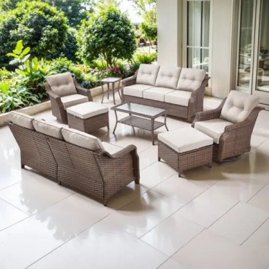 POCASSY 8 Piece 6-Inch Foam Thick Cushion Outdoor Furniture Set with Outdoor Sofa, Swivel Rocker Glider Chairs, Coffee Table, Ottomans, and End Table image {14}