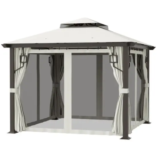Outsunny 10' x 10' Patio Gazebo Outdoor Canopy Shelter with Aluminum Frame, Double Tier Roof, Netting and Curtains for Garden, Lawn, Cream White image {3}