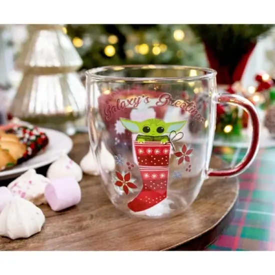 Silver Buffalo Star Wars: The Mandalorian Grogu Holiday Glitter Handle Glass Mug  | 14 Ounces image {2}