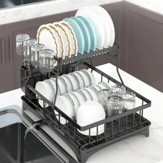DOMETOUR 2 Tier Dish Drying Rack for Kitchen Counter, Black Metal Dish Drainer with Drainage System, Large Capacity, Space Saving & Rust-Resistant image {8}