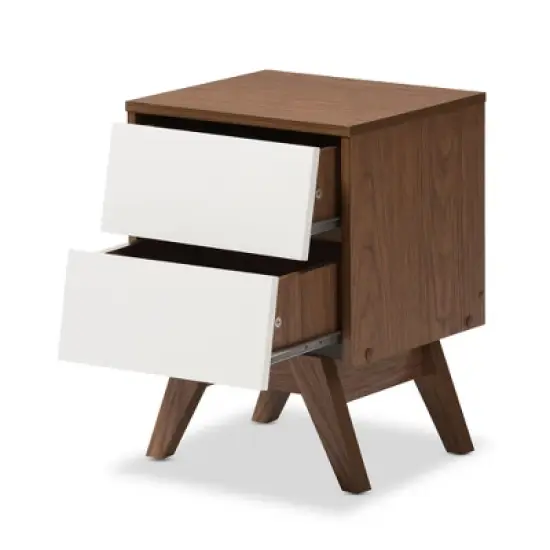 Hildon Mid - Century Modern Wood 2 - Drawer Storage Nightstand - White, "Walnut" Brown - Baxton Studio image {1}