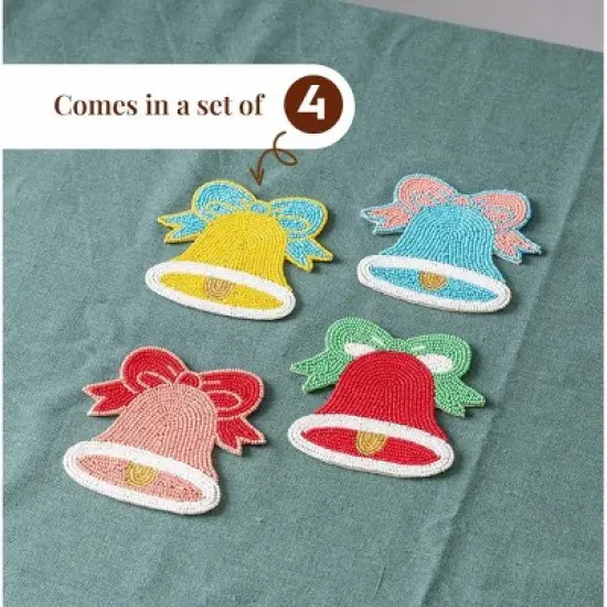 Folkulture Christmas Coasters Set of 4 (4") Merry Bell Coaster for Christmas Table | Cute Holiday Coasters for Christmas D&eacute;cor Gifts for Women image {5}