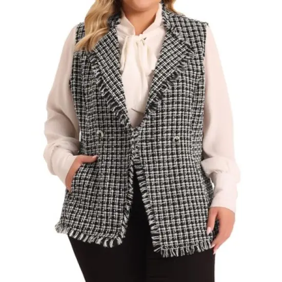 Agnes Orinda Women's Plus Size Plaid Open Front Lapel Button Sleeveless Vests image {5}