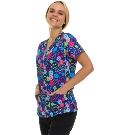 Medichic Scrubs Printed V-Neck Scrub Top - Four Pocket Fashion Scrub Top for Women, Be Happy Smiles, X Small image {2}