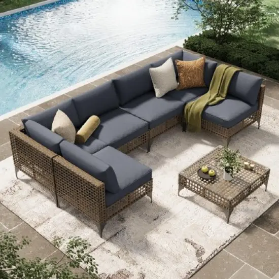Cesicia 7-Piece Gray Sofa Set, Garden Patio Wicker Sectional Sofa Set with Coffee Table for Backyard, Balcony image {1}