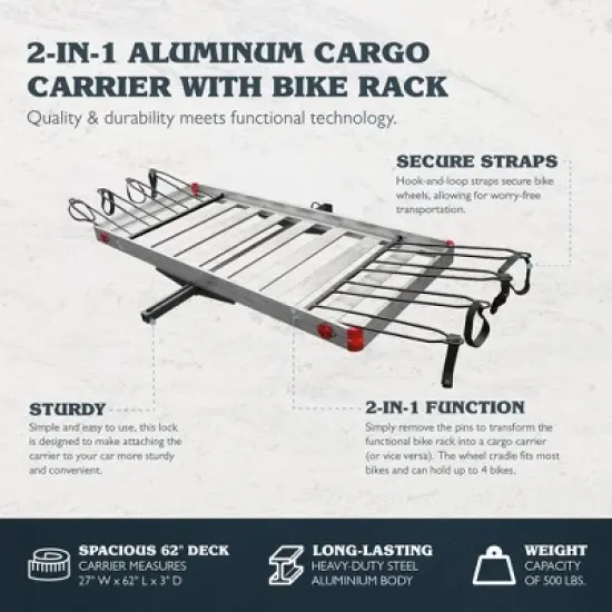 Tow Tuff TTF-2762ACBR Heavy Duty 2-in-1 Aluminum Adjustable Automotive Cargo Luggage Carrier with Bike Hitch Rack, 500 Pound Load Capacity image {3}